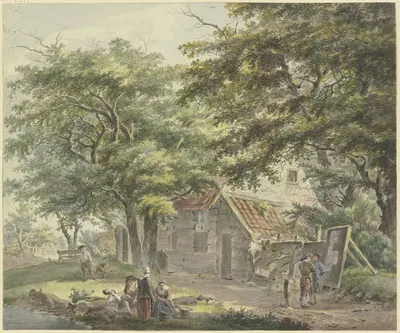 Bauernhof unter Bäumen, links ein Mann mit einem Schubkarren by Hermanus van Brussel — digital art print download