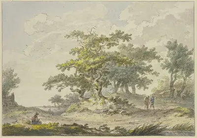 Gruppen von Eichbäumen, rechts zwei Wanderer, links eine sitzende Figur by Hermanus van Brussel — digital art print download