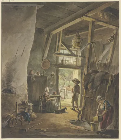 Im Inneren eines Bauernhauses, an der Tür sitzt die Frau, mit dem hinausgehenden Mann sprechend, rechts die Magd mit zwei…