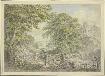 Waldige Landschaft, links ein Leiterwagen mit zwei Pferden by Hermanus van Brussel — digital art print download