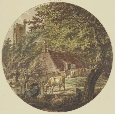 Хижина в лесу с некоторым скотом, слева церковная башня by Якоб Кац, 1788 — digital art print download