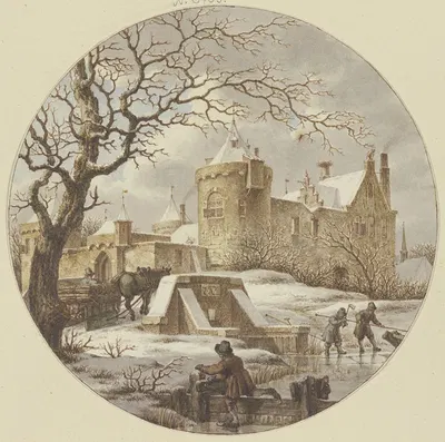 Зимний пейзаж у городской стены, на мосту деревянные сани by Якоб Кац, 1788 — digital art print download