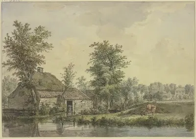 Bauernhaus am Wasser, bei einem Schubkarren eine Kuh by Jacob van Liender — digital art print download