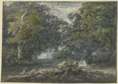 Waldlandschaft, ein Mann jagt einen weißen Hirschen, bei ihm sitzt eine Frau by Jacob van Liender — digital art print…