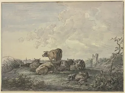Schlafender Hirte und Rinderherde in einer Landschaft by Jacob van Strij — digital art print download
