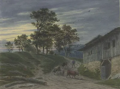 Возвращение стада в хлев вечером by Якоб Маурер, 1853 — digital art print download