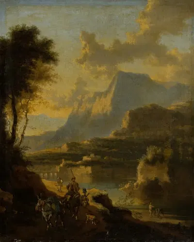 Гористый пейзаж с всадником на закате by Ян Хакаерт, 1670-1674 — digital art print download