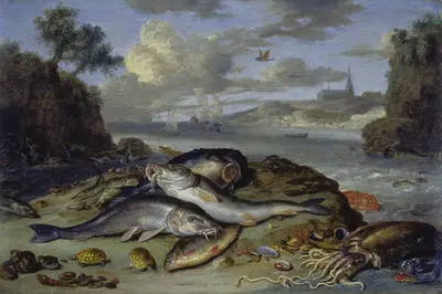 Натюрморт с рыбой и морскими животными на прибрежном пейзаже by Ян Ван Кессель Старший, 1661 — digital art print download
