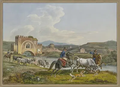 Римские пастухи ловят быка на лошадях с собаками by Иоганн Адам Кляйн, 1829 — digital art print download