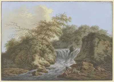 Водопад между двумя скалами, на берегу справа два рыбака by Иоганн Альбрехт Фридрих Раушер — digital art print download