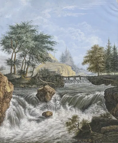 Водопад в горах, на берегу и на заднем плане хвойные деревья by Иоганн Давид Пассаваант — digital art print download