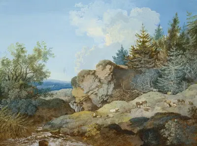 Лесной пейзаж в горах с стадом и водоемом by Иоганн Георг Вагнер, 1763 — digital art print download