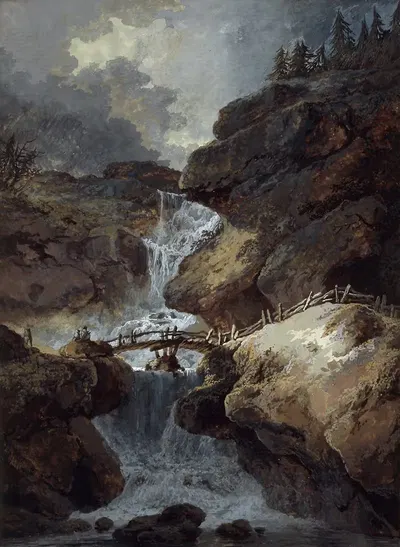 Wasserfall in einer Felsenschlucht bei Gewitterstimmung by Johann Heinrich Wüest — digital art print download