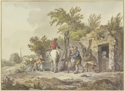 Всадник с собакой у водопоя, справа мужчина обнимает девушку by Джон Уэббер, 1773 — digital art print download
