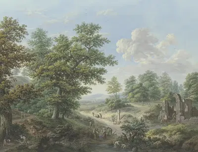 Выход из леса, справа руины капеллы, в которую заезжает всадник by Карл Франц Крауль — digital art print download