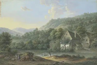 Лесная долина с ручьем, справа два крестьянских дома by Карл Франц Крауль — digital art print download