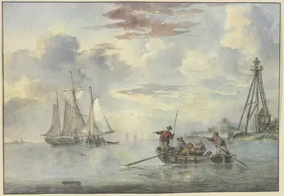 Спокойное море, солнце встает, на переднем плане лодка с несколькими людьми направляется к двум кораблям, справа у берега…