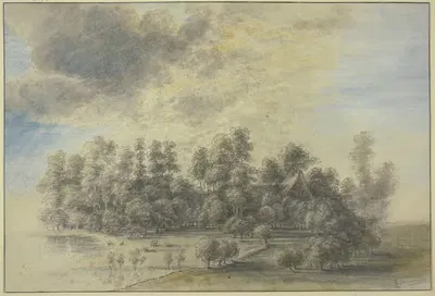 Дом, стоящий в группе деревьев, слева у воды пасется скот by Лукас ван Уден — digital art print download