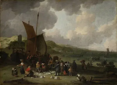 Пляж в Шевенингене с возвращающимся рыбаком by Питер Бут, 1677 — digital art print download