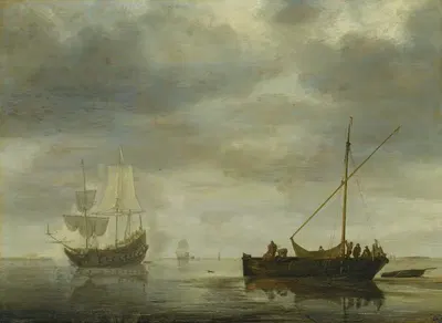 Single-Master and Frigate Firing Salute on a Calm Sea by Simon de Vlieger — digital art print download