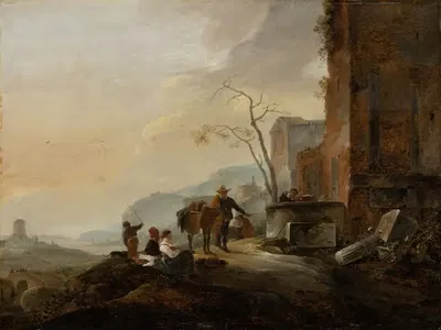 Italian Landscape with Figures at a Fountain among Antique Ruins by Thomas Wijck — digital art print download