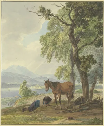 Ruhender Bauer mit seinem Pferd neben dem gepflügten Acker by Wilhelm von Kobell — digital art print download