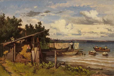 Рыбак на берегу озера by Адольф Генрих Лиер, 1870 — digital art print download