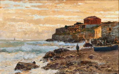 Рыболовная лодка на пляже на закате by Альфред Цофф, 1894 — digital art print download
