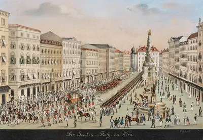 Graben in Vienna with Plague Column, an Imperial coach and a military event by Balthasar Wigand — digital art print download
