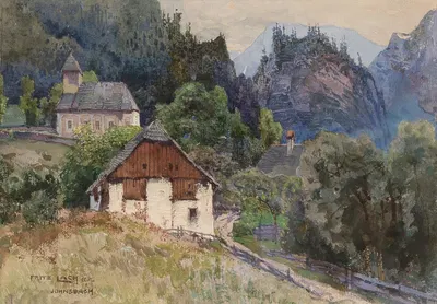 A view of Johnsbach in Gesäuse (mountain region) by Fritz Lach, 1912 — digital art print download