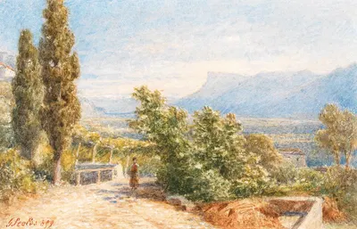Landscape in the South Tyrol and figure staffage with Mendel mountain in the background by Gottfried Seelos, 1899 — digital…