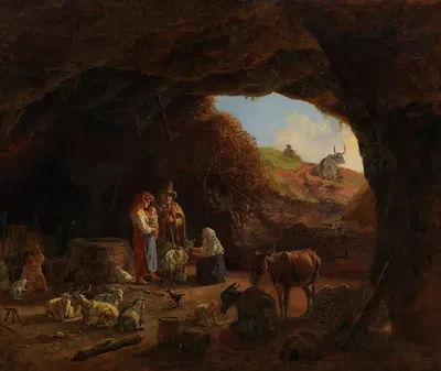 Итальянская пастушья семья в скальной пещере by Генрих Бюркель, 1830-1840 — digital art print download