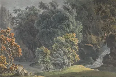 Речная сцена с водопадом и высокими деревьями by Дж. С. Барт, 1792 — digital art print download
