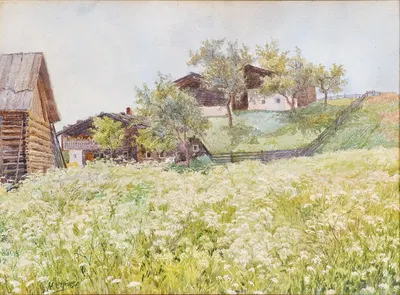 Farm houses, a white blooming field in front of it by Marie Egner — digital art print download