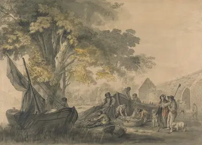 Boats, Fishermen and Peasents near a Weir by Charles Robertson — digital art print download