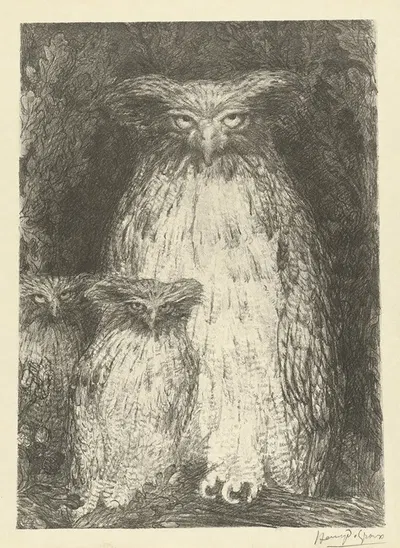 Owl with two owlets sitting on branch by Henry de Groux, 1895 — digital art print download