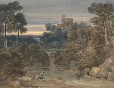 Пейзаж с замком, водопадом и ручьем на переднем плане by Фрэнсис Оливер Финч — digital art print download