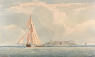 Лодка, плывущая налево с островом на заднем плане by Джон Кристиан Шетки, 1834 — digital art print download
