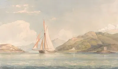 Лодка, плывущая влево с горами на заднем плане by Джон Кристиан Шетки, 1834 — digital art print download