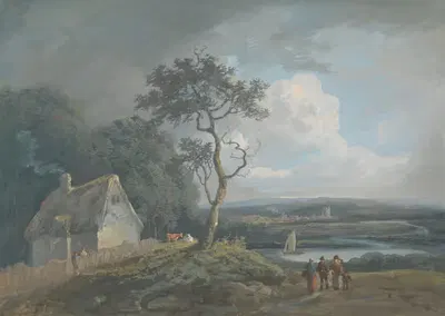 Morning – River Scene with Figures near a Cottage by John Laporte — digital art print download