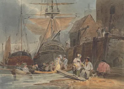 Ships at Wharf with Passengers Disembarking by Luke Clennell — digital art print download