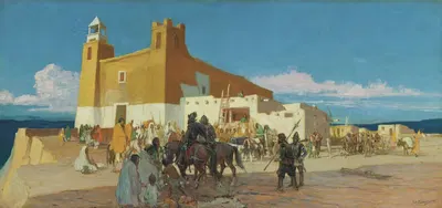 Индейцы и испанские солдаты, деревня Пуэбло by Оскар Эдмунд Бернингхаус — digital art print download