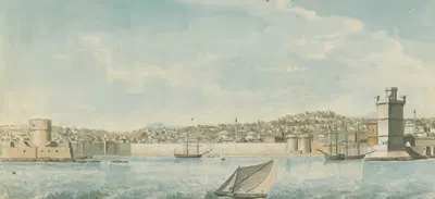View of a Walled Town and Harbour with Towers Seen From the Sea by Willey Reveley — digital art print download