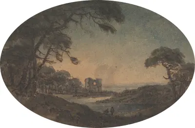 Landscape with Two Men and a Castle Ruin on the Riverbank by William Gilpin, 1783 — digital art print download