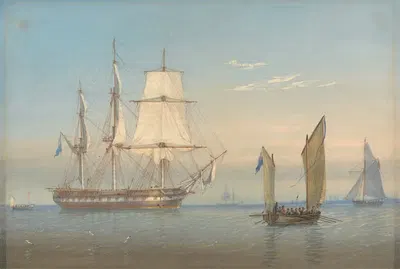 Британский фрегат, ставящий якорь by Уильям Джой — digital art print download