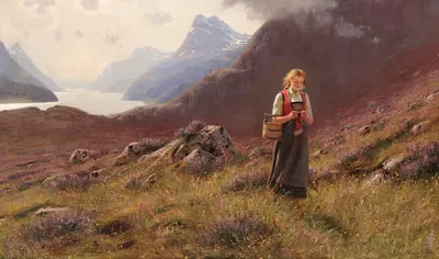 Девочка, вяжущая в норвежском пейзаже by Ханс Даль — digital art print download