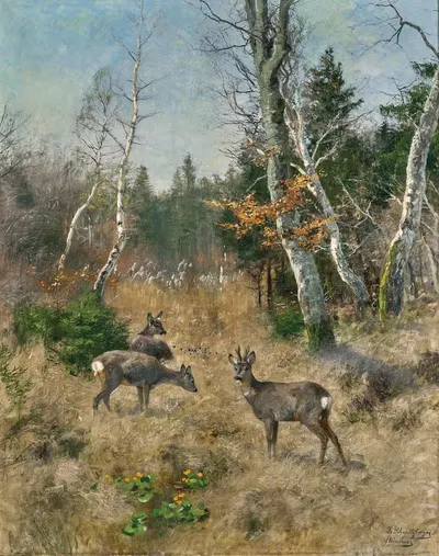 Красные олени на лесной поляне by Йозеф Шмитцбергер — digital art print download