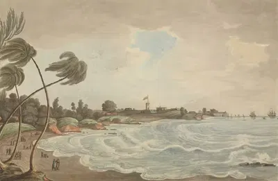 Бенкулер Бэй, маленькая дорога и причал, Форт Марлборо, Сумакара, 1799 by Иосиф Константин Стадлер, 1799 — digital art…