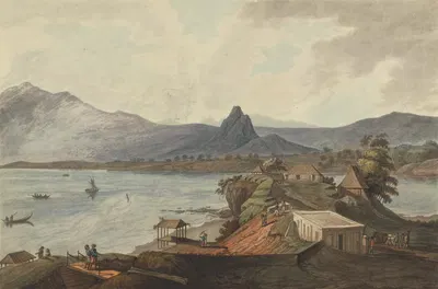 Скала Падре и гора Сахарная голова с Бенкулера, Суматра, 1799 by Иосиф Константин Стадлер, 1799 — digital art print download
