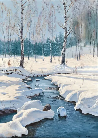 Зимний пейзаж с ручьем by Тони Халлер — digital art print download